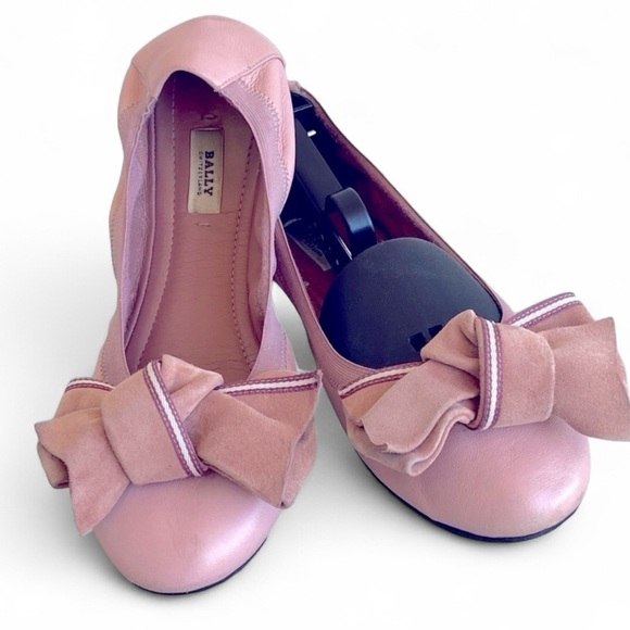 BALLY of SWITZERLAND Pink Leather Ballet Flats/Suede Bow 7.5 U…Balletcore - Picture 1 of 16